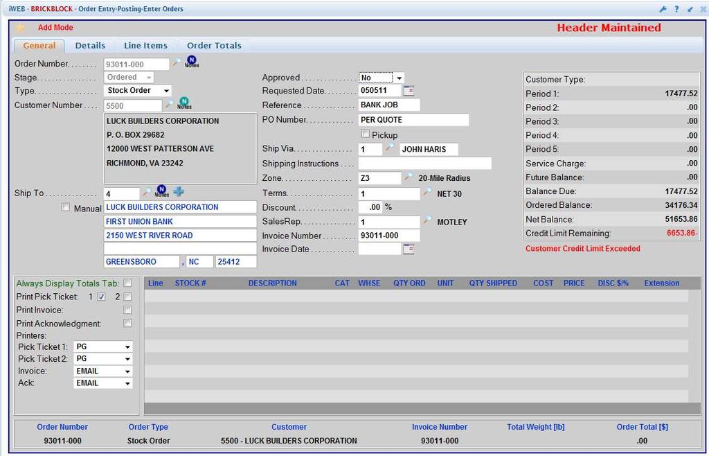 Order Entry Posting Screen Customer is selected along with Job or ShipTo from drop down lists The delivery zone will default for the Customer / Job or can be entered manually.