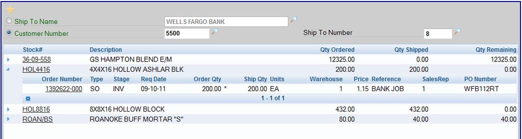 Above you see that (4) products were ordered for the Wells Fargo Bank Job. Of these, no brick has been delivered, all block has been delivered and a partial delivery of mortar had been made.