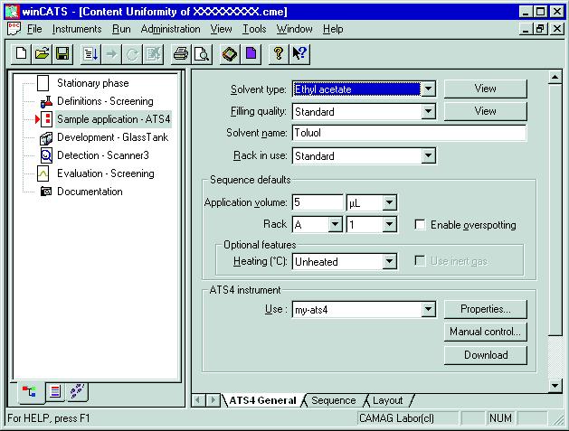 Like other computer controlled CAMAG instruments the ATS4 communicates with wincats via a software interface called EquiLink Programming the application parameters The dialog box for instrument