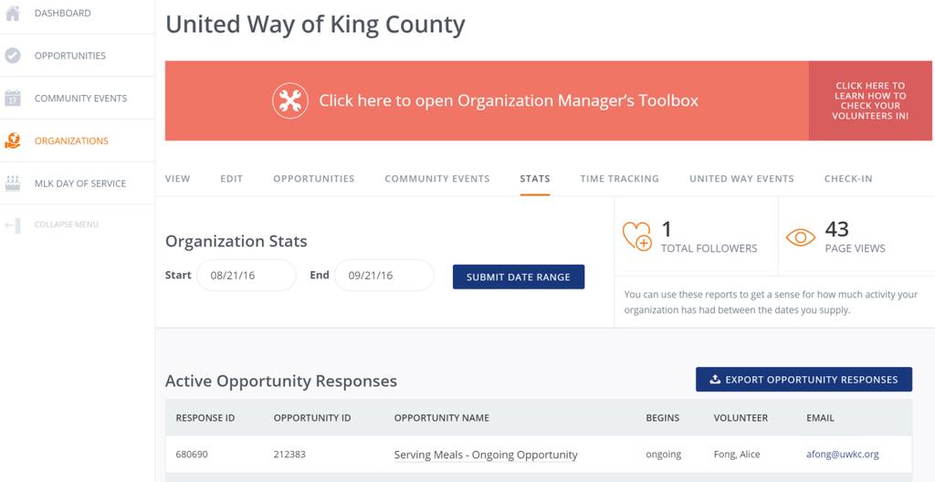 YOUR DATA & REPORTING To view your overall opportunity responses, see how many people have viewed your Organization page and get information on how many FOLLOWERS you