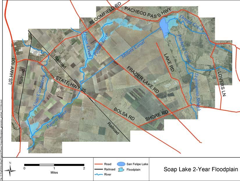 Soap Lake Floodplains Based on the Soap Lake hydraulic and floodplain models, floodplain maps have been created for the 2-, 10-, 25-, 50-, and 100-year floodplains.