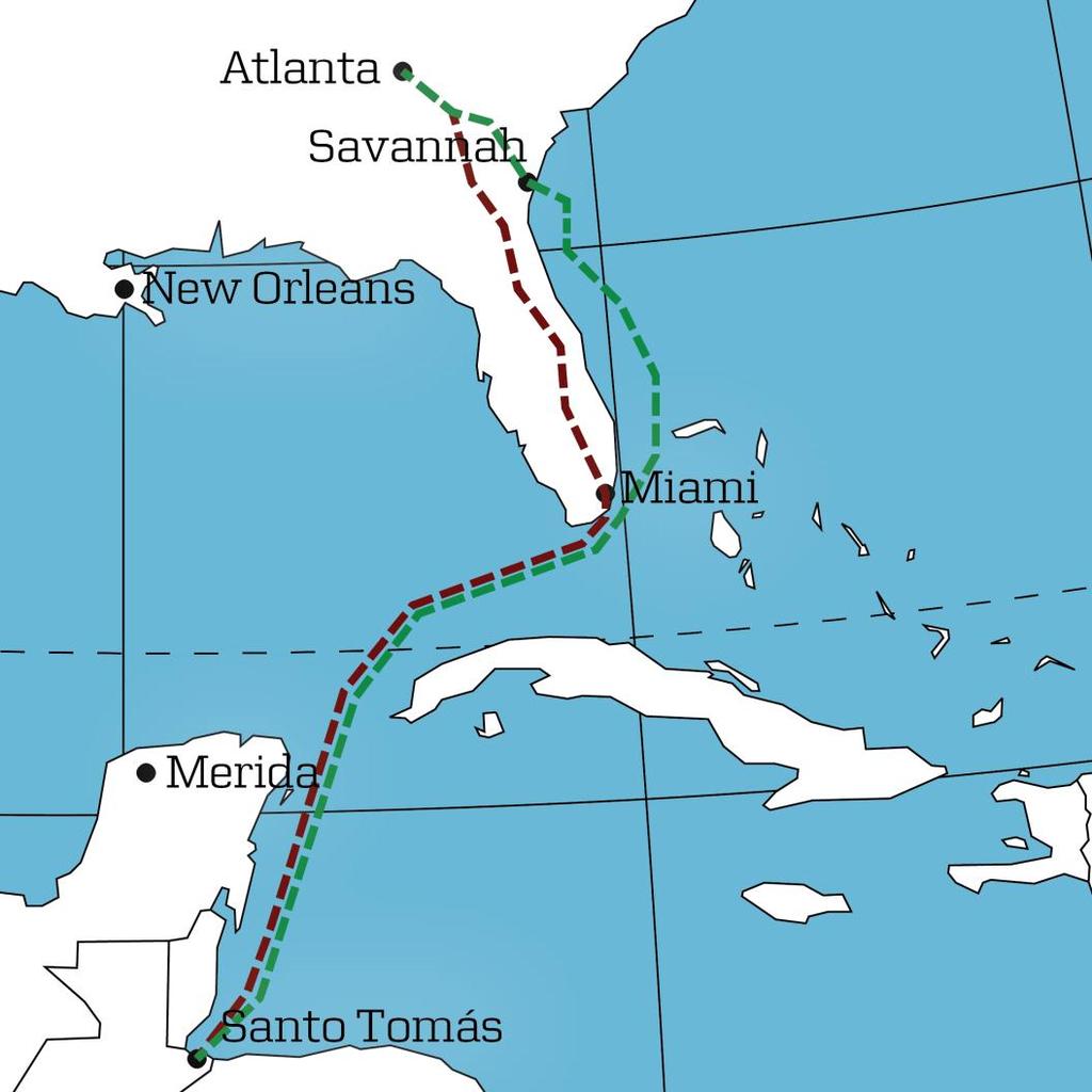 Comparing Routes for CO 2 Emissions Example: Central America to Atlanta Routing via