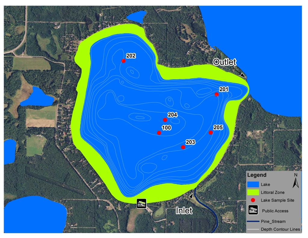 Lake Map Figure 1. Map of Lower Hay Lake illustrating bathymetry, lake sample site locations, stream inlets and outlets and 21 aerial land use.