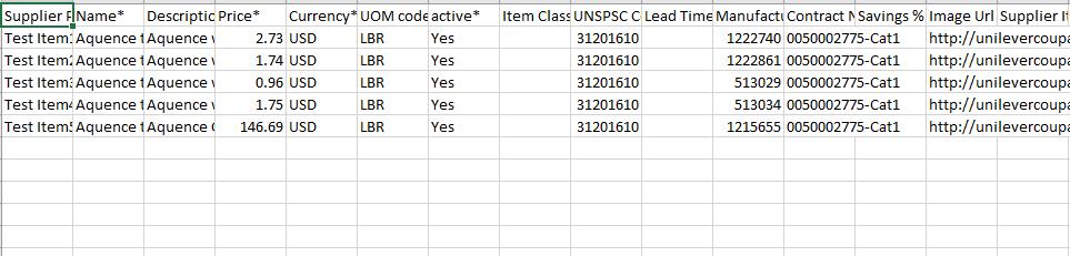 CATALOGS Csv Template A sample Csv template has been shown in the adjacent image. Note:. The catalog items are linked to contract by updating Contracts column.