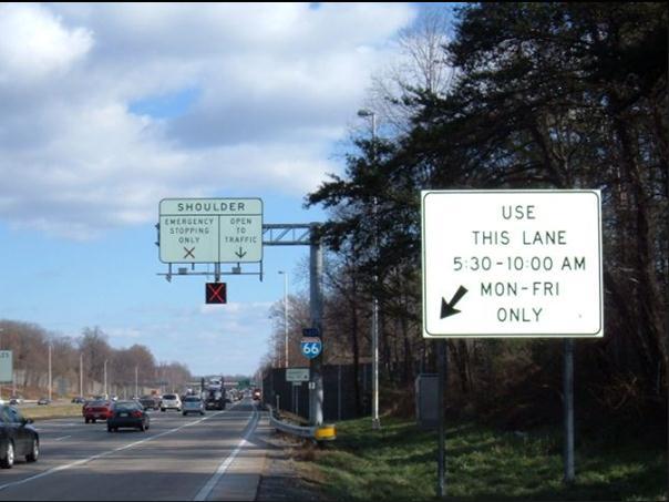 Figure 8. Time-of-day shoulder use, Virginia (Source: VDOT). Dynamic shoulder lanes, as well as lane control strategies, are used on I-35W in Minnesota.