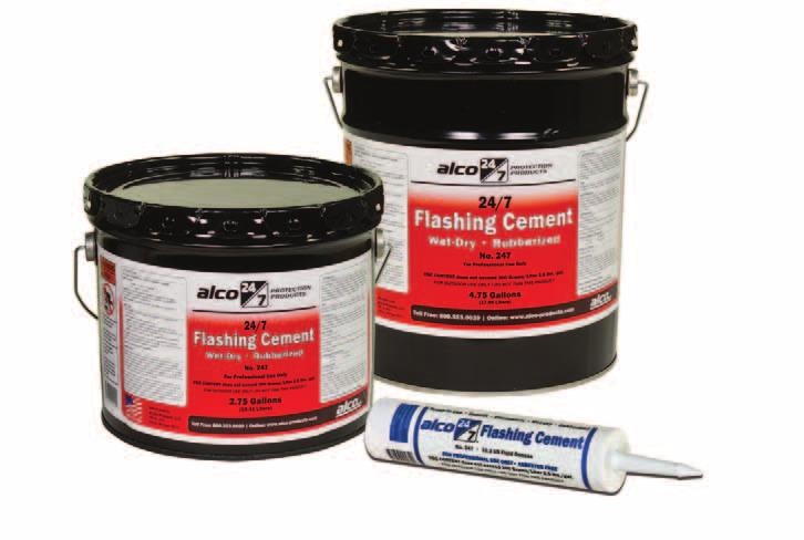 ALCO 24/7 Flashing Cement is a revolutionary wet-dry fl ashing cement, comprised of selected blends of pure cutback asphalt, choice solvents and highly modifi ed polymers.