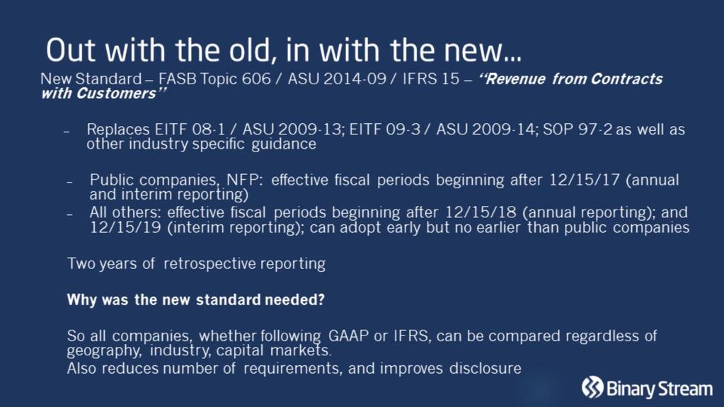 But now, businesses are having to prepare for a new standard FASB Topic 606 have been released as ASU 2014-09 and IFRS 15.