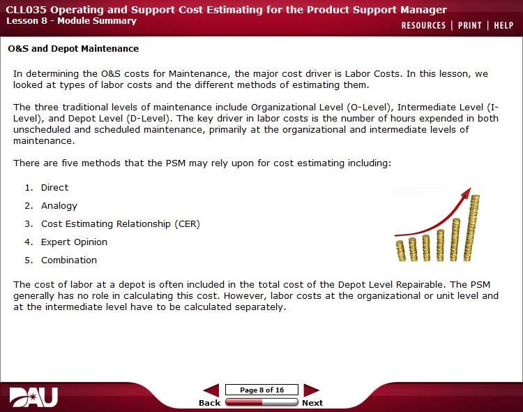 Cll035 Operating and Support Cost Estimating for the Product Support Manager lesson 8- Module Summary RESOURCES 1 PRIMT 1 HELP O&S and Depot Mainte.