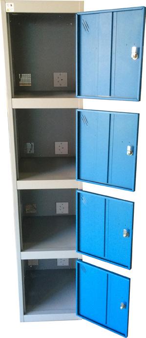 4 HIGH TOWER CHARGING LOCKERS 240v, ideal for locking valuable work batteries / tools whilst charging on site. Lost tools mean delays with construction programme and financial losses for workmen.
