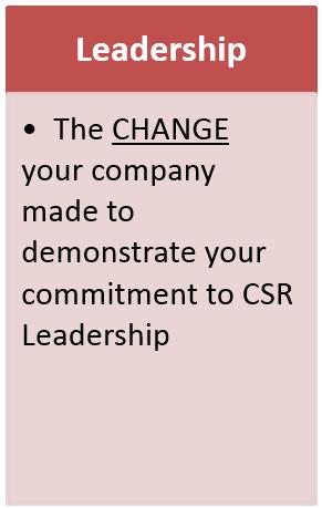 Criteria - Leadership 1. Demonstrates CSR is core to the DNA of the business 2.