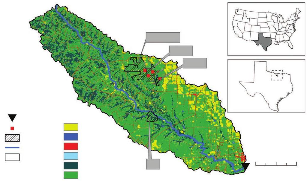 Figure 1 Map showing the locations of four study ranches, four soil moisture monitoring sites, and stream gauging station in the Clear Creek watershed (CCW) in north Texas along with the 11 land use