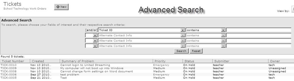 ADVANCED SEARCH You have the option to search for Work Order Tickets.