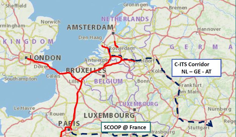 EU funded projects "CITS corridors" INTERCOR (Interconnection of Corridors) Common set of C-ITS specifications Cross-border testing & concerted deployment Partners: NL, Fr, UK, Flanders + ERTICO