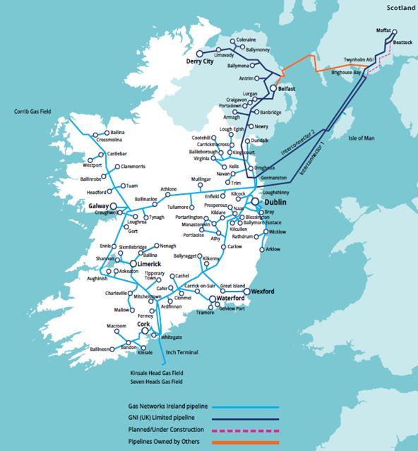 Irish Infrastructure The gas network in Ireland is 13,954 km in length, consisting of high pressure steel transmission pipelines and lower pressure polyethylene distribution pipelines, as well as