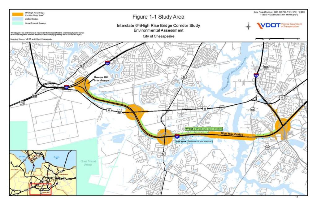 The corridor study area encompasses approximately eight miles of I-64, consisting of two travel lanes in each direction, between the I-464 Interchange and I-664/I-264 interchanges at Bowers Hill.