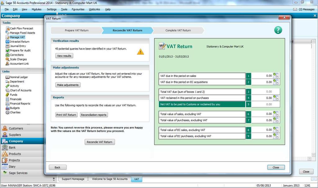 As part of the Calculate VAT Return, Sage runs through the verification process. The results can be accessed.
