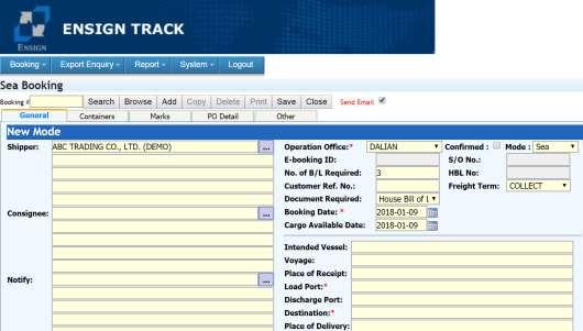ENSIGN TRACK SYSTEM e-booking Enables to manage orders from