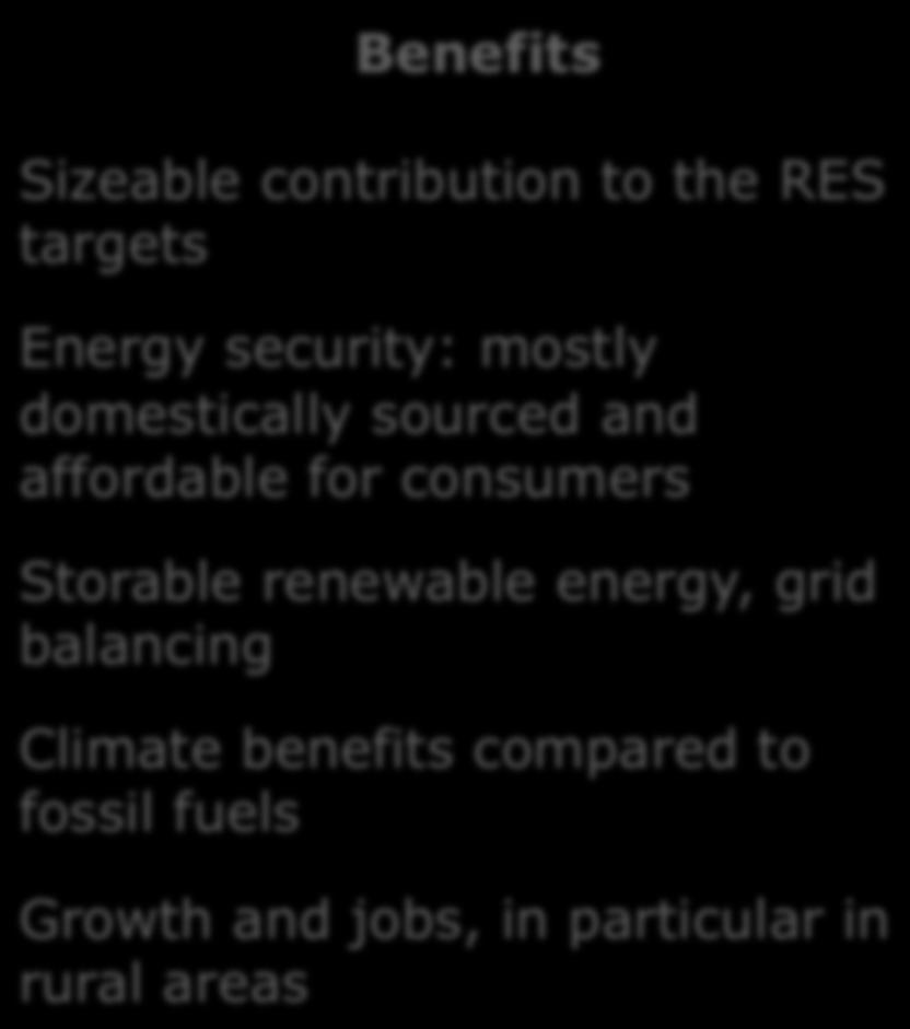 balancing Climate benefits compared to fossil fuels Growth and jobs, in particular in rural areas