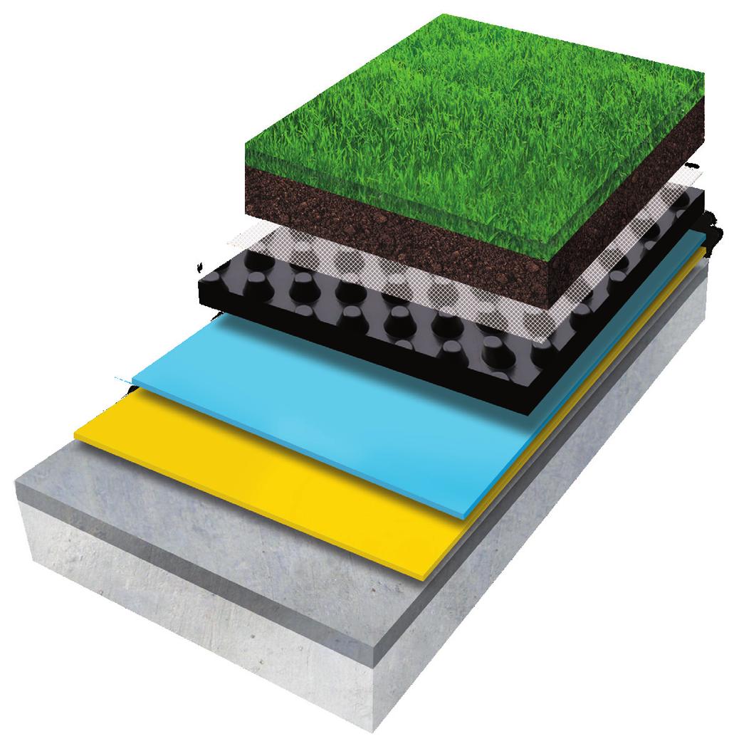 Inverted system suitable for plazas & terraces Paving on Supports Separating Membrane Insulation Pitchmastic PmB Primer Concrete Green roofs Vegetation and