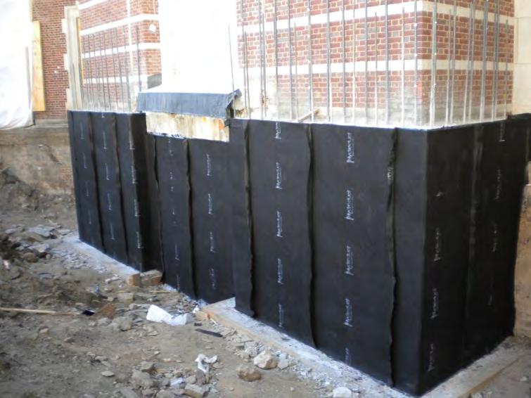 Drainage composite. The premise in using this component is that the water is never allowed to build up pressure against the membrane and is drained away, thus providing a form of redundancy.
