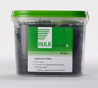 HULK screws are available in both high strength stainless steel, as well as high-strength carbon steel. Stainless steel clips are passivated with corrosion resistant zinc with colour added.