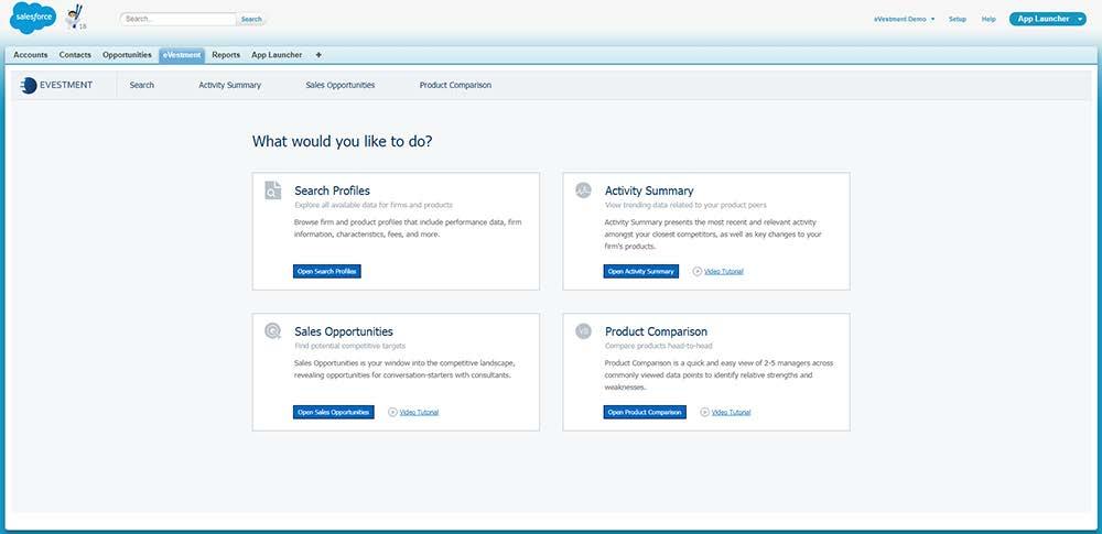Salesforce App Installation Guide evestment s dedicated Salesforce integration takes about 5-10 minutes to install, and allows users to access evestment content and functionality within Salesforce: