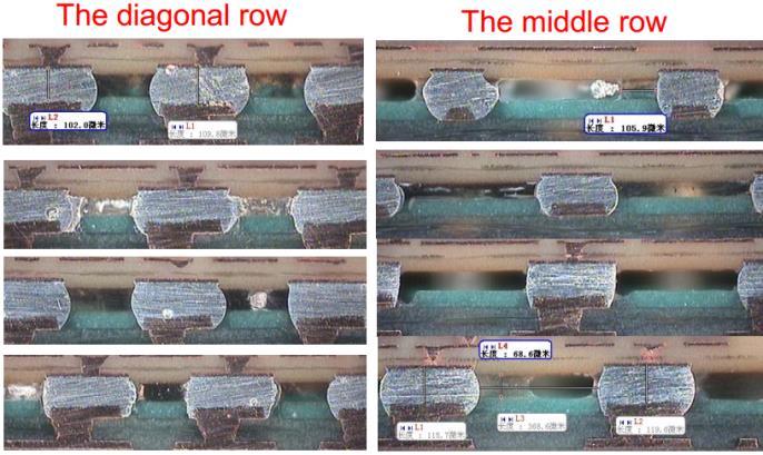 Dis3 showed full coverage on both diagonal and middle row, but larger bubbles were found in the epoxy and some voiding was observed in the middle solder balls (Figures20,21 and 22). Figure 20.