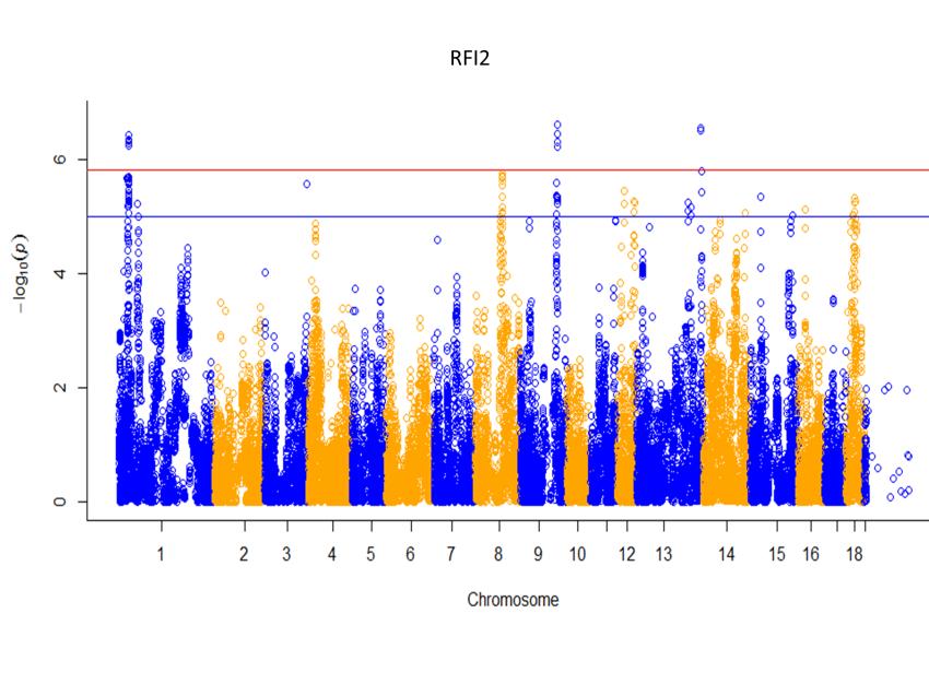 RFI2 Significant QTL in SSC 1, 9 and 13 Enhedens navn red line: