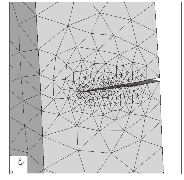 20-node reduced integration hexahedral mesh with collapsed quarter point elements was generated, whereas the remaining domain was automatically meshed with quadratic (10-node) tetrahedral elements.