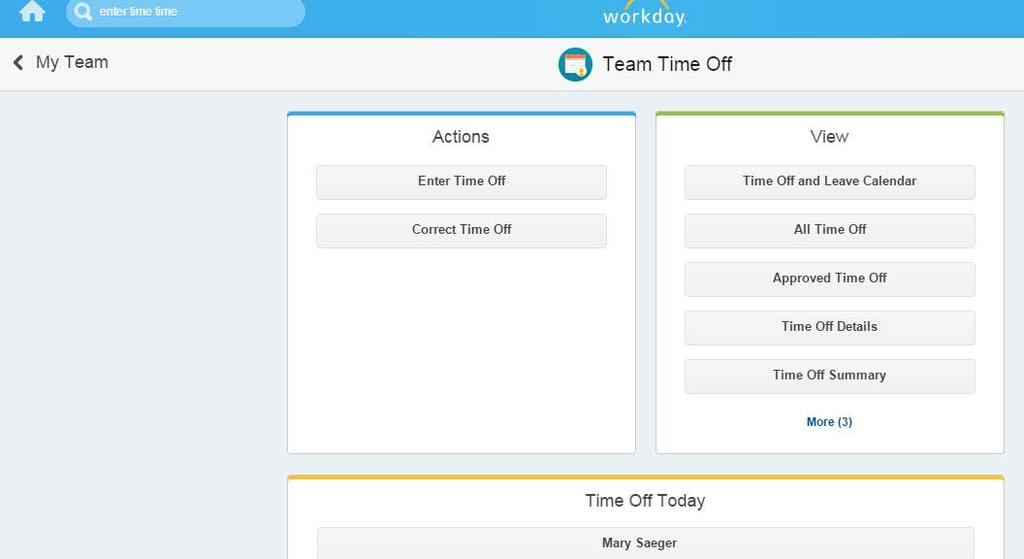 Bucky Badger The Team Time Off screen allows you to select multiple functions. For example, you can initiate Enter Time Off or Correct Time Off for an employee directly from this screen.