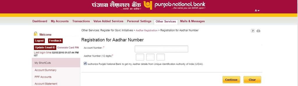 Select the account number in which Aadhaar is to be seeded, enter the 12 digit Aadhaar Number, check the authorize button and click on