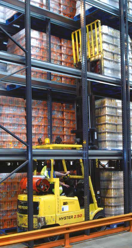 l Pallets are stored on guide rails so forklift trucks can enter storage lanes,