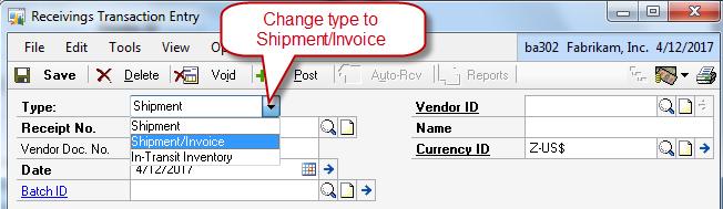 sn025 Change the shipment type to Shipment/Invoice (since this shipment also came with an invoice). Press the tab key and the receipt number will be auto filled.