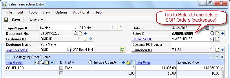 sn036 Back in the Sales Transaction Entry window, we will now post the order, which finalizes the sale in the ERP system, sends the invoice, initiates the shipment of items and removes the sold items