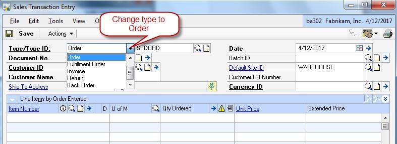 This will bring up the following screen; choose Order (we are going to place an order for a customer) sn003 Note: since Dynamics enforces entering certain types of information in a specific order,