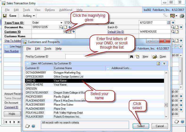 sn008 Back in the Sales Transaction Entry window, if the Customer ID is not filled in, press the