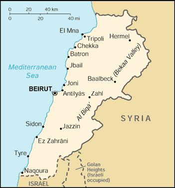 5.5 Lebanon Lebanon is located on the eastern shore of the Mediterranean Sea, bordered by Syria to the north and east, and by Israel to the south. The terrain is a narrow coastal plain. Around 3.