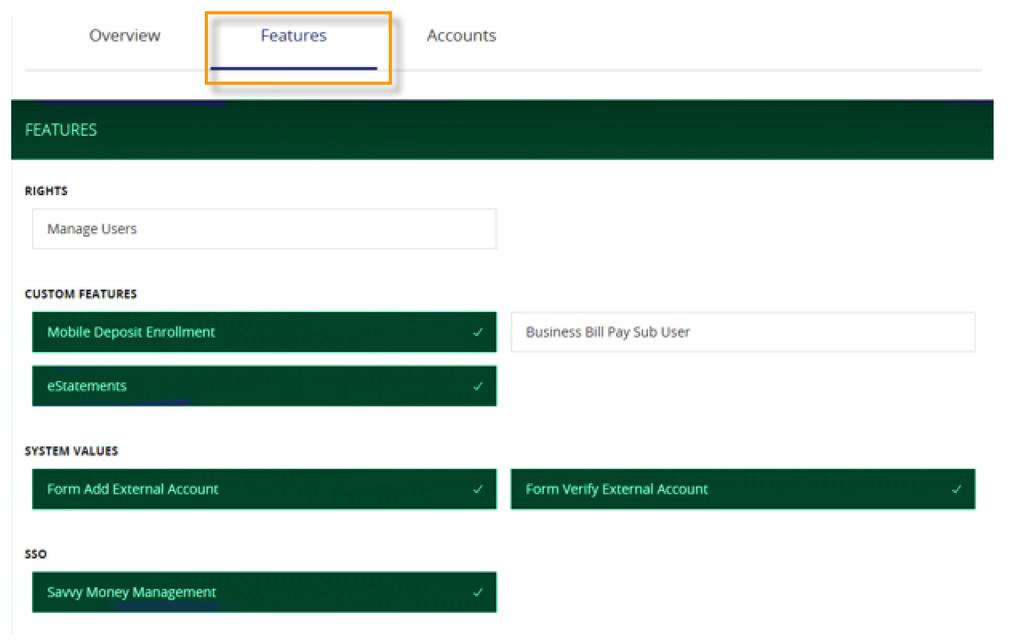 FEATURES The features tab allows the admin to change designated rights for