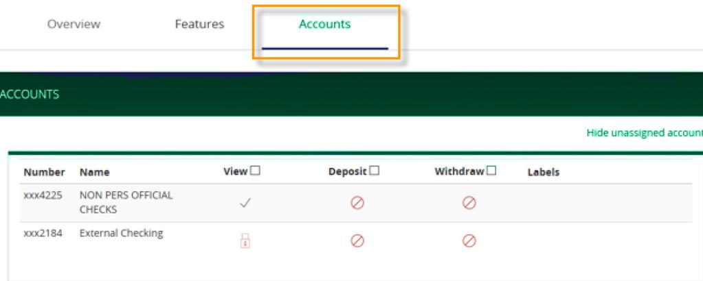 ACCOUNTS This allows the admin to manage the accounts a user sees as well as