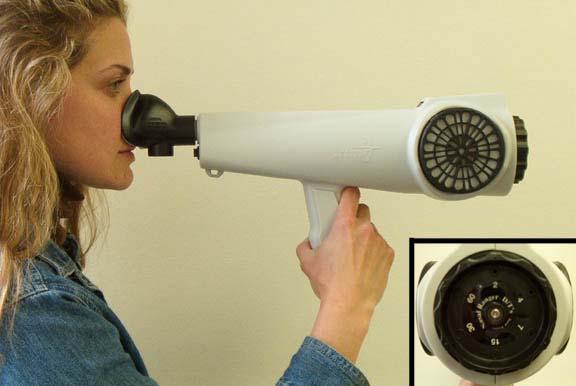 Figure 3. The Nasal Ranger Field Olfactometer (St. Croix Sensory, Inc.). The inset picture shows a close-up of the orifice dial, which is located to the right side of the Nasal Ranger in this photo.