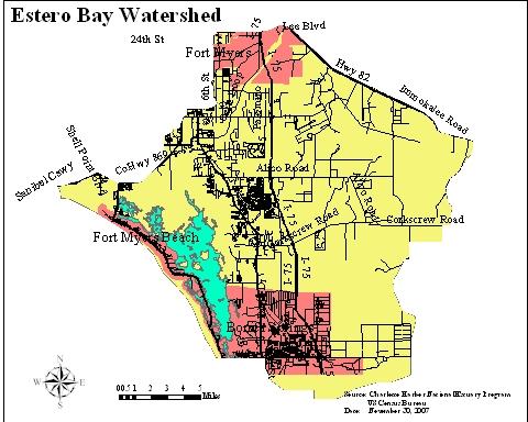 Introduction Part 1: Watershed Description The Estero Bay Watershed is located on the lower west coast of Florida, on the Gulf of Mexico. The Estero Bay basin encompasses 221,019.8 acres, or 345.