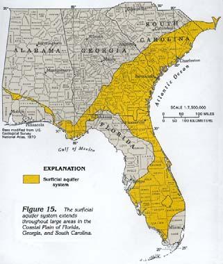 The Floridan underlies all of Florida and the southern extents of Alabama, Georgia and South Carolina.