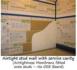 It is important to note that services are not installed until the structure is checked to ensure its airtightness reaches the passivhaus standard of 0.6 ach -1 @50kPa.