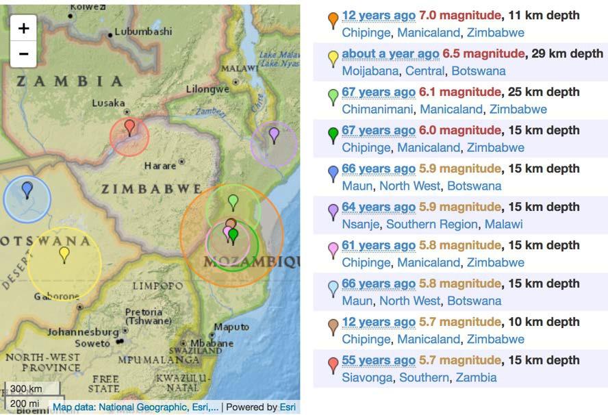 As seen in figure 5, all past earthquakes (shown by the drop pins) are nowhere in Zimbabwe, let alone near Bulawayo (located towards the Southwest of the