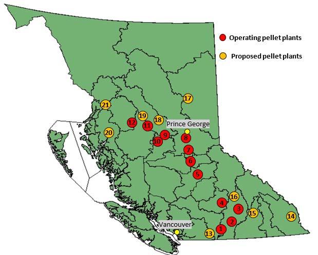 Integration of wood pellet production for coal co-firing, BC and Alberta, Canada There are currently 12 pellet plants in BC with the annual production capacity of 2.2 million tons.