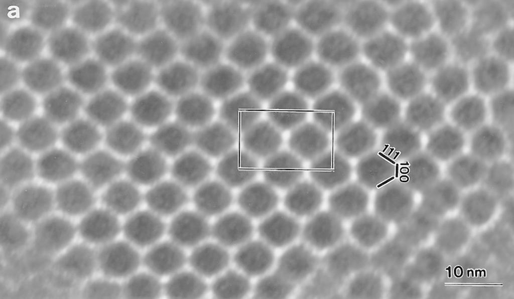 104 Z. L. Wang FIG. 3. (a) [110] s TEM image of a 3-D fcc assembled Ag nanocrystal superlattice. The nanocrystals are truncated octahedra and they have orientational symmetry.