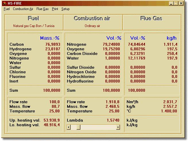 3 Description of the work surface After the start of the program a work surface with the data of the fuel used last for burn and air appears. About the menu you read please in chapter 6.