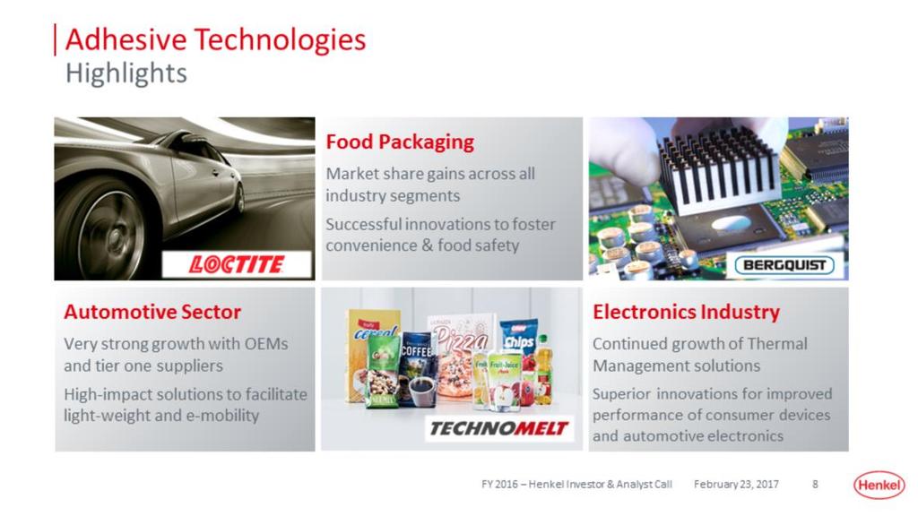 8 Let me talk about some highlights of Adhesive Technologies in 2016. In the Automotive Sector, we achieved very strong growth with our high impact solutions for OEMs and tier one suppliers.
