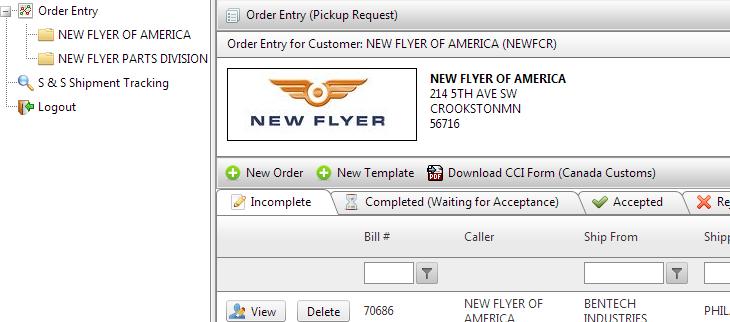 To create a new pickup request, click on New Order New Templates can be