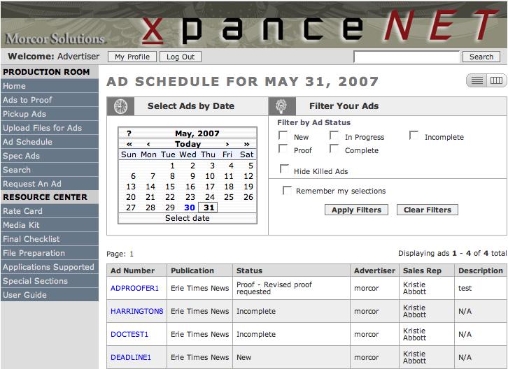 Ad Schedule The Ad Schedule shows the ads that have been booked for the individual including the status of the ads.